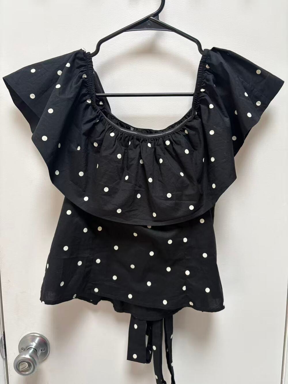 Womens Black White Polka Dot Off The Shoulder Ruffle Top Tie Waist Blouse XS